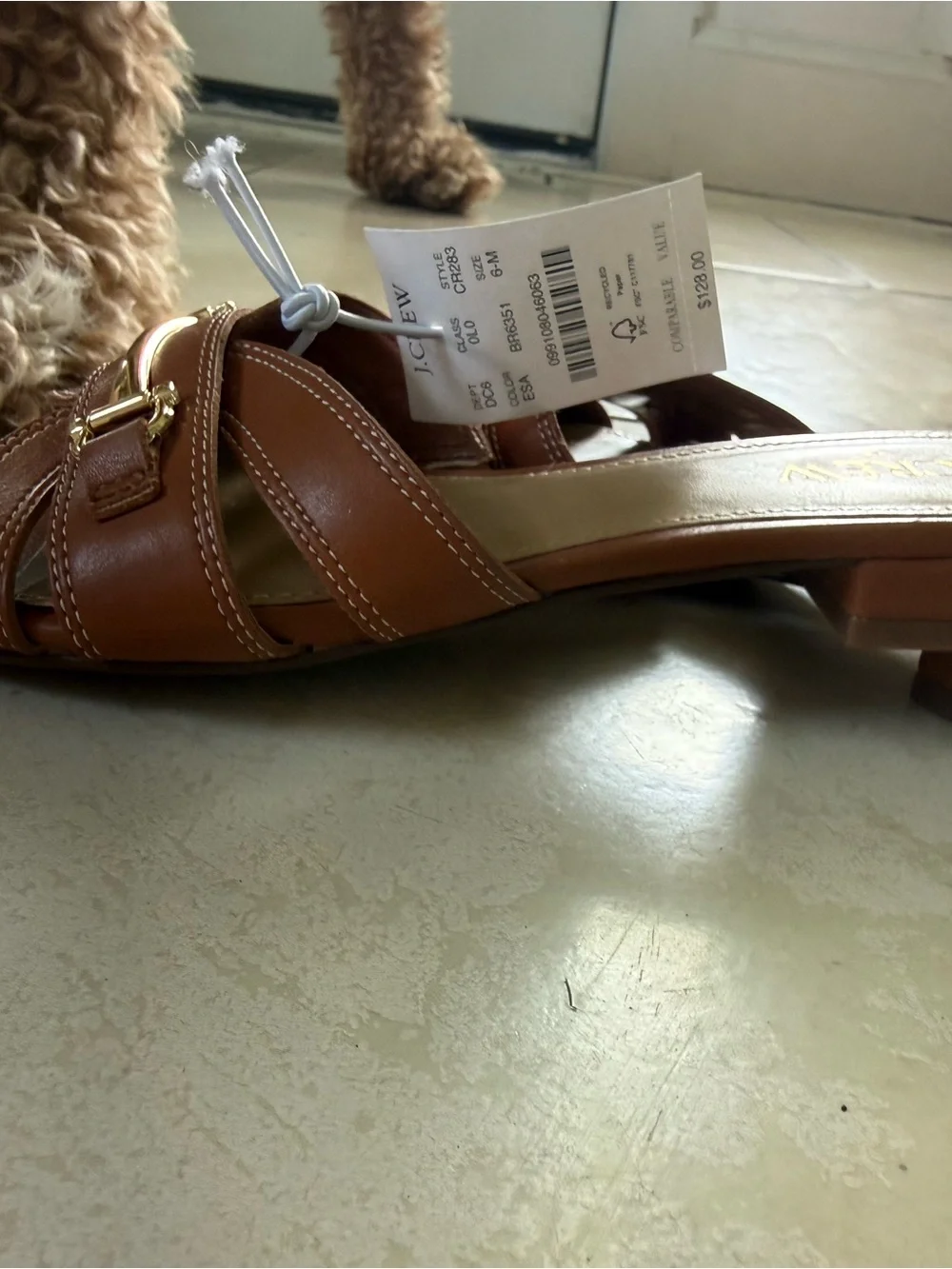 J. Crew Cognac Leather Slide Sandals with Gold Hardware